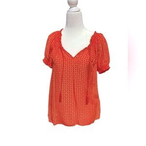 Joie Flower Print Bright Orange Tunic Tiny Floral Print open neckline with ties